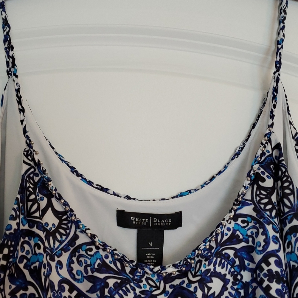 WHBM blue&black tank, braided and beaded neckline - Picture 2 of 5